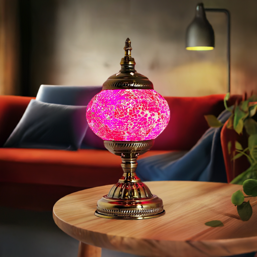 Amethyst Hues mosaic glass table lamp — glowing in a styled room
