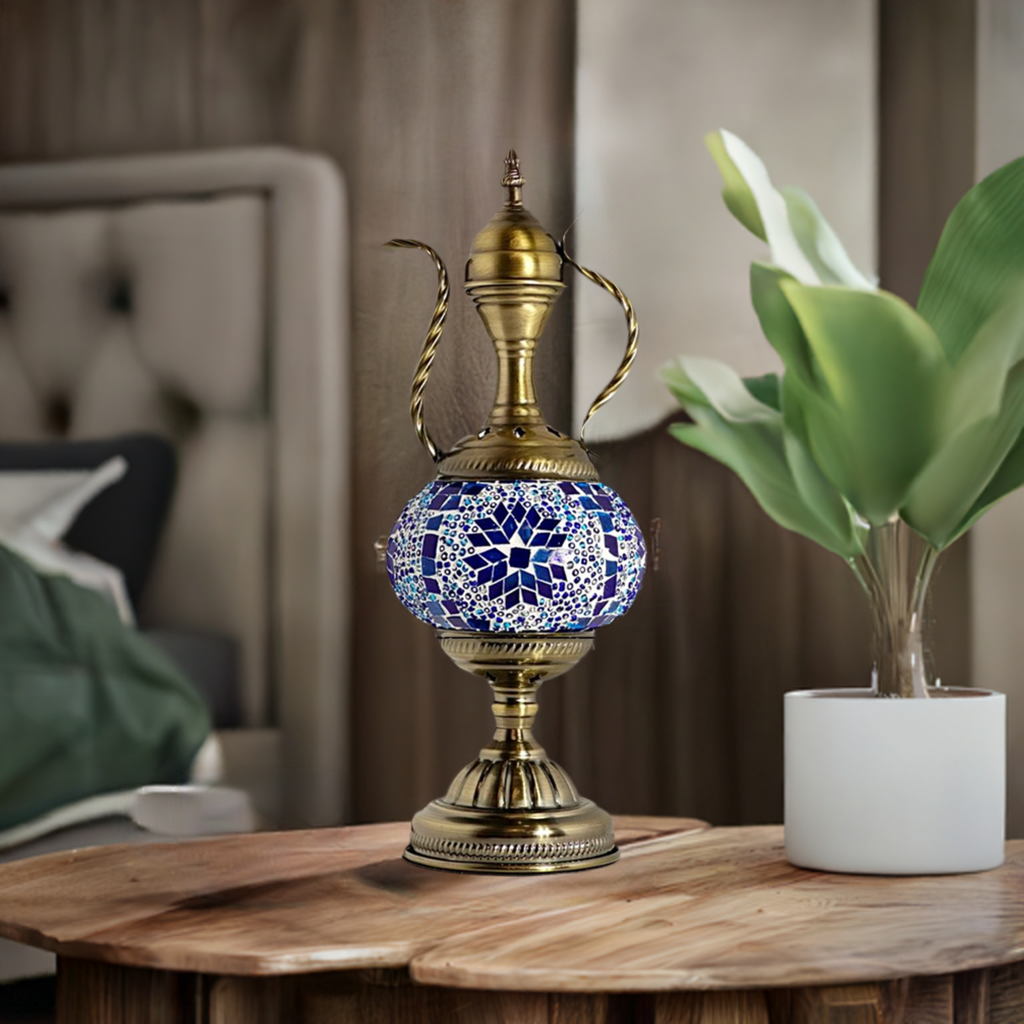 Midnight Blue Turkish Lamp with Pitcher Design mosaic glass table lamp — on a nightstand