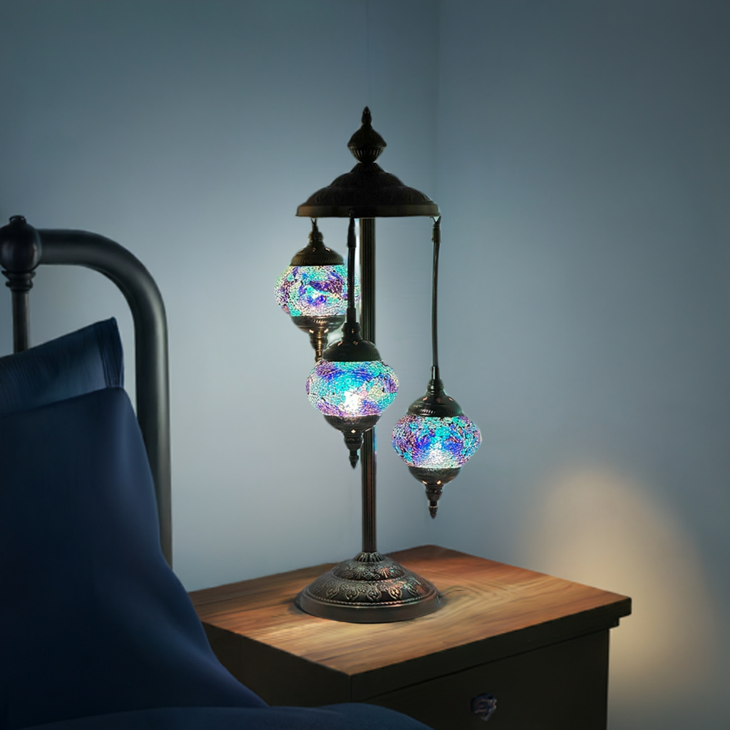 Deep Blue Handmade Turkish Floor Lamps with 3 Globes mosaic glass table lamp — on a nightstand