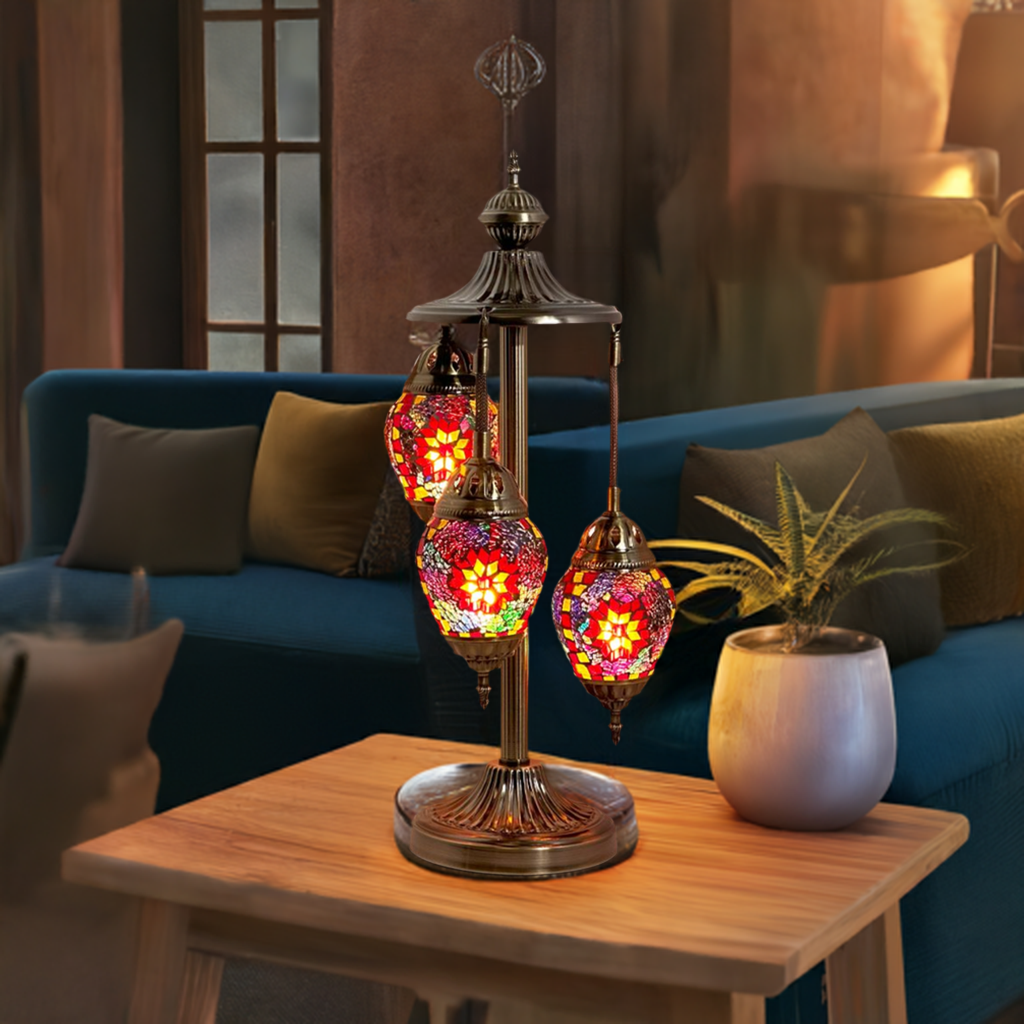 Crimson Bloom Egg mosaic glass table lamp — glowing in a styled room