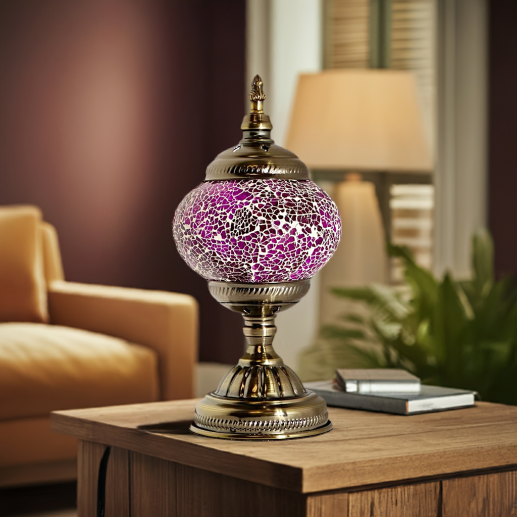 Amethyst Hues mosaic glass table lamp — close-up of the mosaic glass