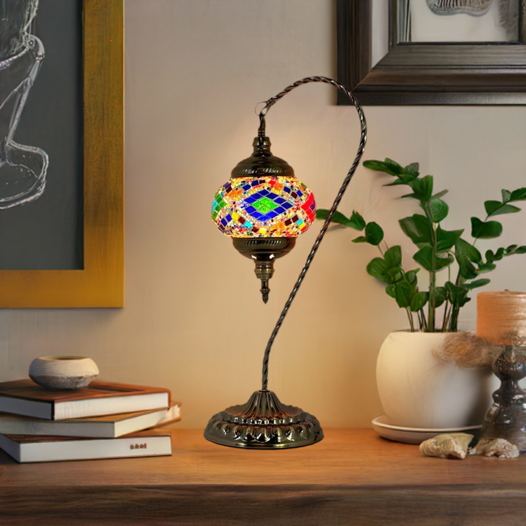 Vibrant Aura Handmade Swan Neck Mosaic Lamps in Colorful Tones mosaic glass table lamp — glowing in a styled room