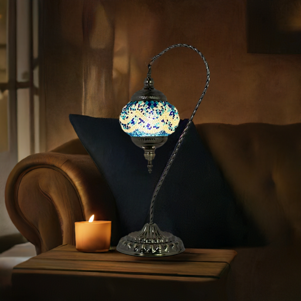 Azure Serenity mosaic glass table lamp — glowing in a styled room