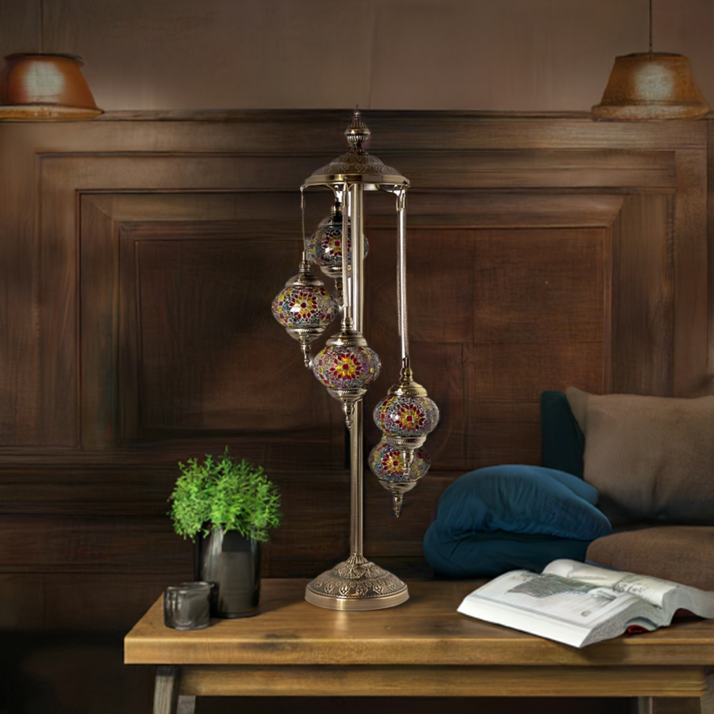 Ruby Majesty mosaic glass table lamp — on a nightstand
