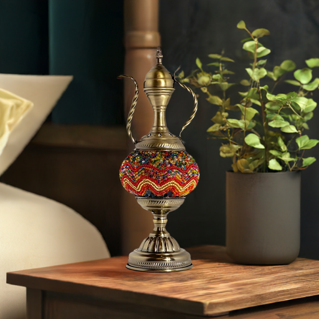 Orange Vintage Lamps with Mosaic Pitcher Style mosaic glass table lamp — on a nightstand