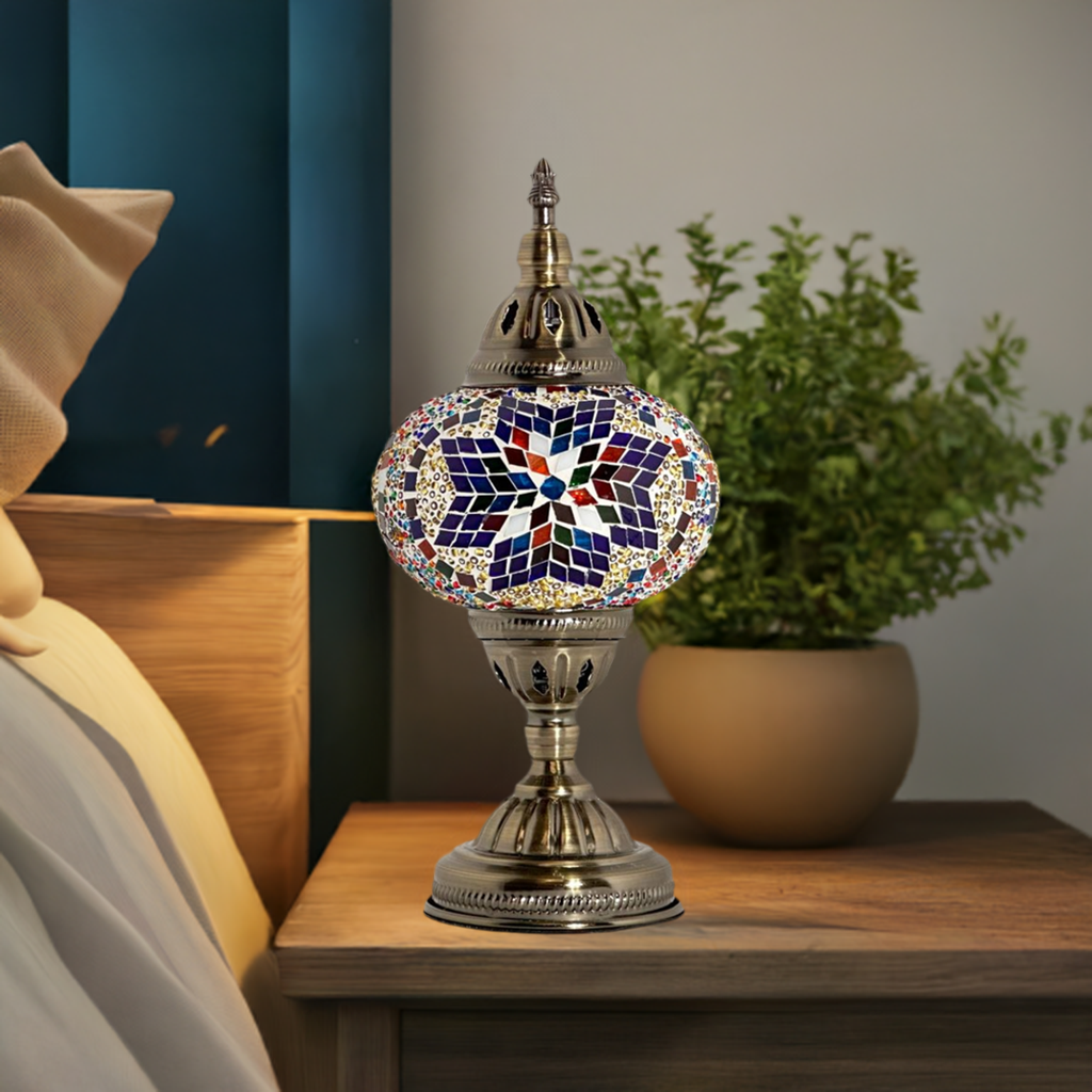 Moroccan Sunset mosaic glass table lamp — on a nightstand