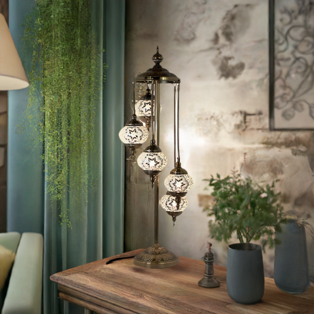 Lunar Glow mosaic glass table lamp — glowing in a styled room