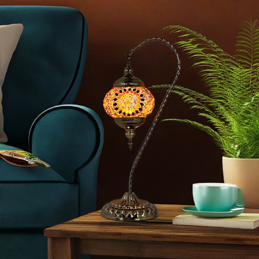 Soothing Orange Blossom Swan Neck Handmade Mosaic Bedside Lamp mosaic glass table lamp — glowing in a styled room