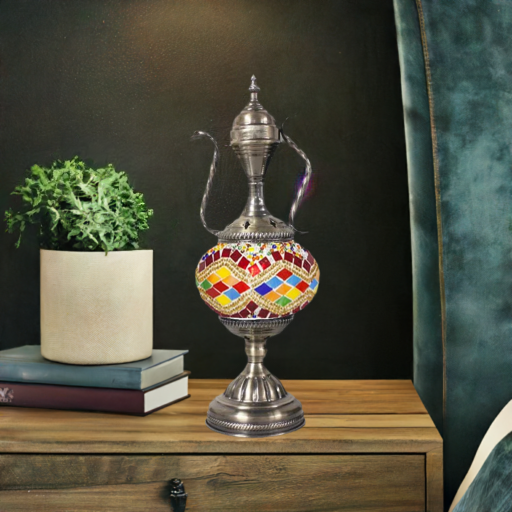 Rainbow Enchantment mosaic glass table lamp — on a nightstand
