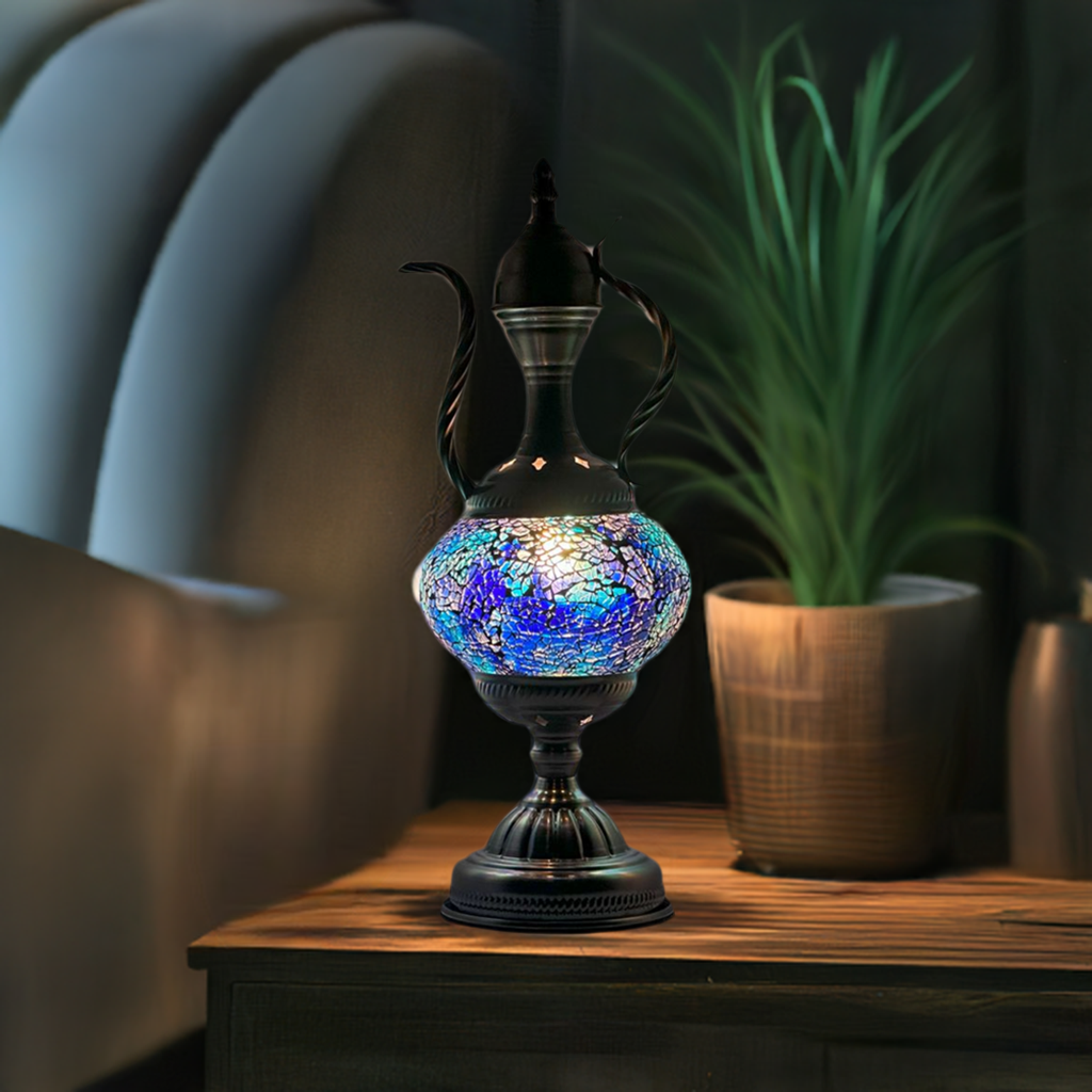 Vintage Elegance mosaic glass table lamp — on a nightstand