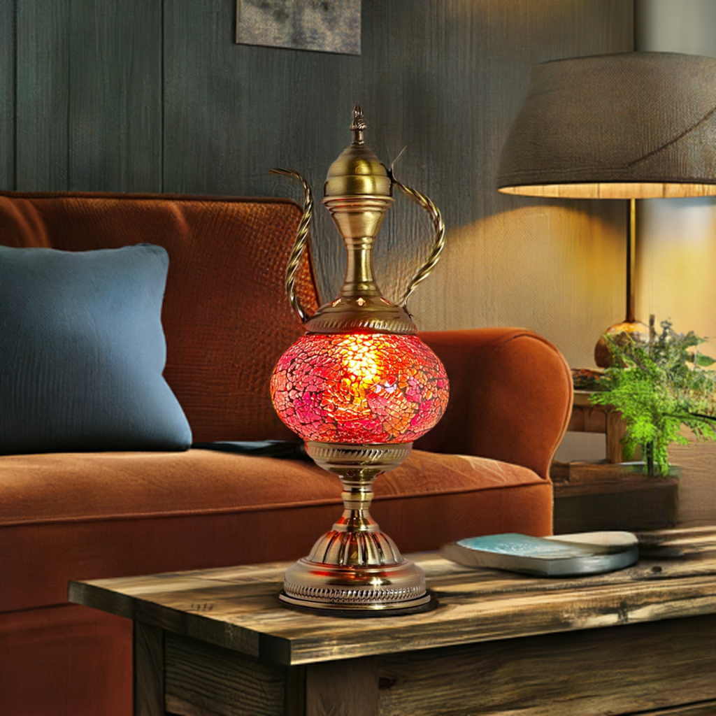 Mediterranean Allure mosaic glass table lamp — glowing in a styled room