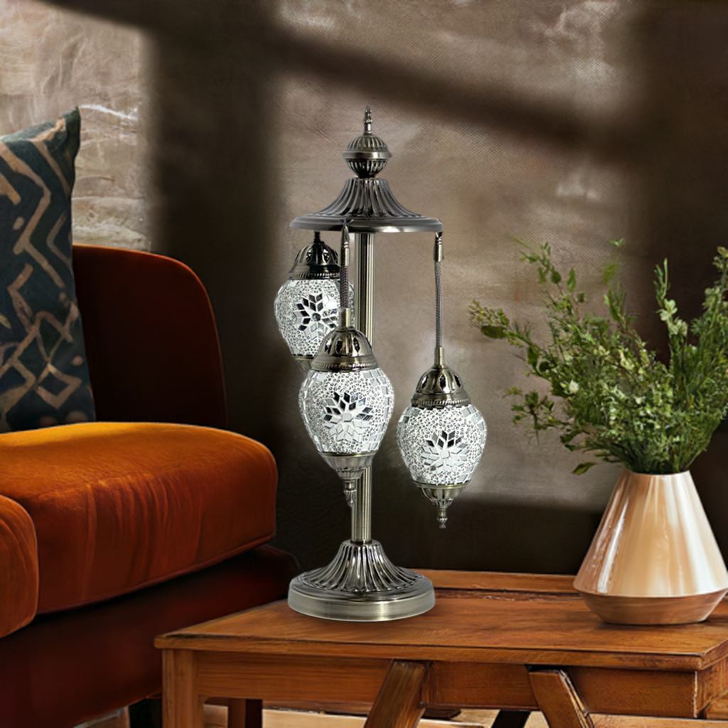 Elegant White Rose mosaic glass table lamp — on a nightstand