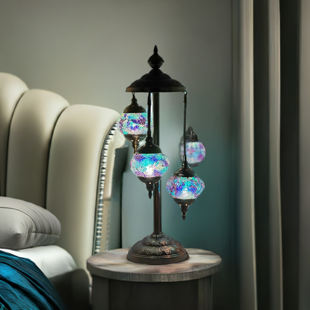 Deep Blue Handmade Turkish Floor Lamps with 3 Globes mosaic glass table lamp — glowing in a styled room