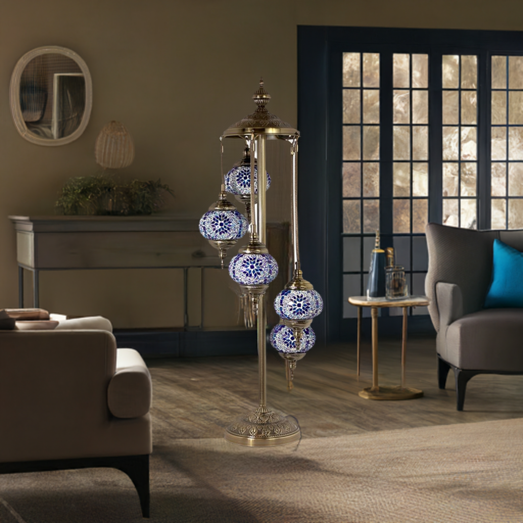Oceanic Dreams mosaic glass table lamp — on a nightstand