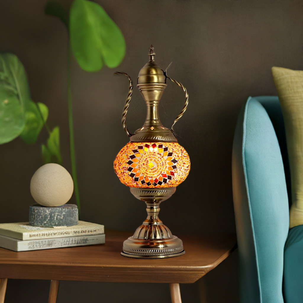 Tangerine Dreams mosaic glass table lamp — glowing in a styled room