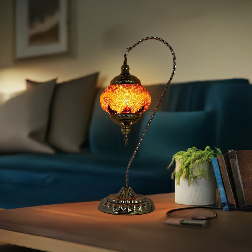 Warm Light Orange Swan Neck Handcrafted Turkish Mosaic Lamp mosaic glass table lamp — glowing in a styled room