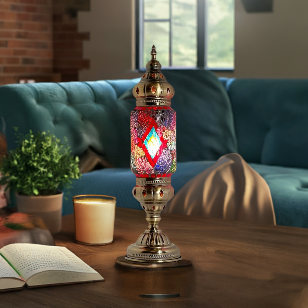 Kaleidoscope Vision mosaic glass table lamp — glowing in a styled room