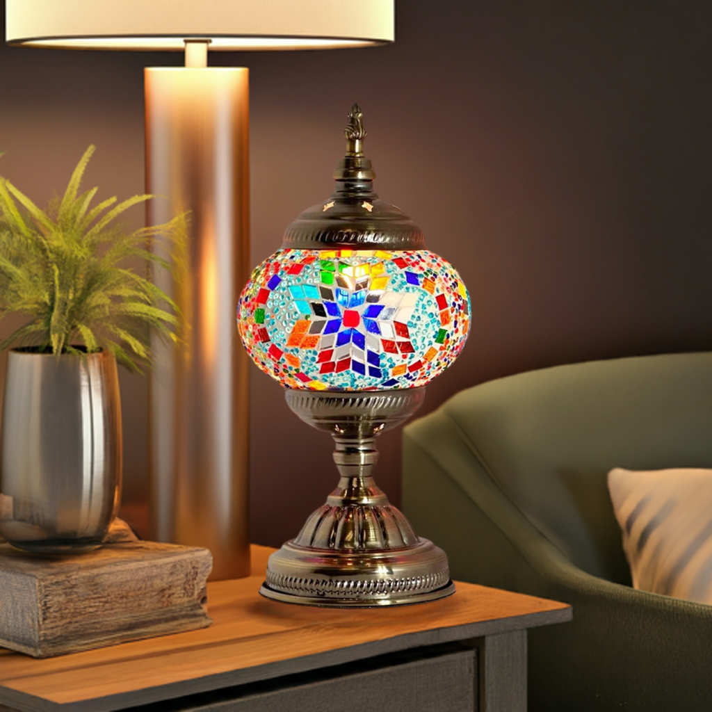Prismatic Artistry mosaic glass table lamp — glowing in a styled room