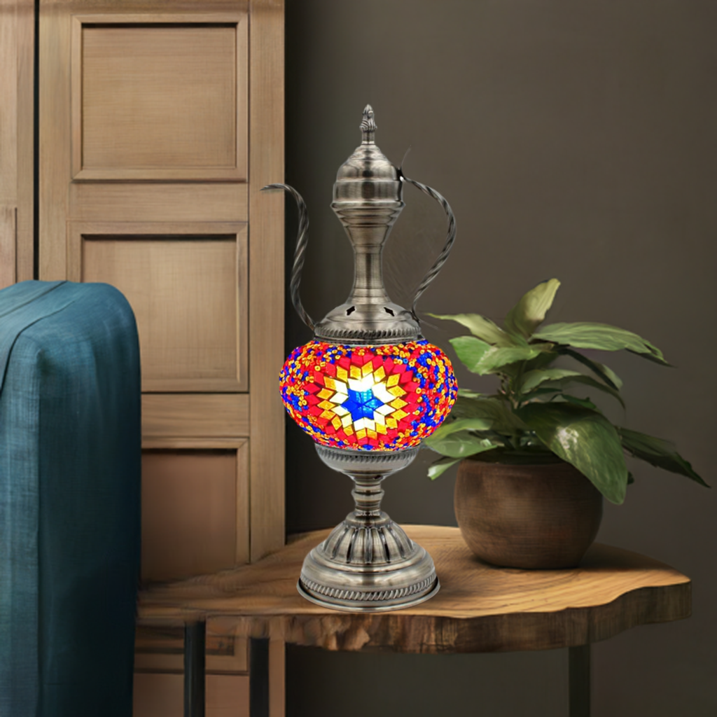 Scarlet Bloom Turkish Mosaic Lamp with Teapot Motif