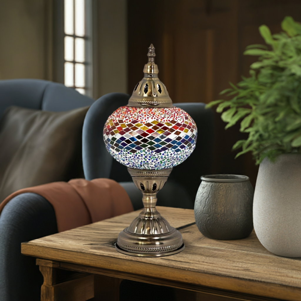 Fusion of Warm and Cool mosaic glass table lamp — on a nightstand