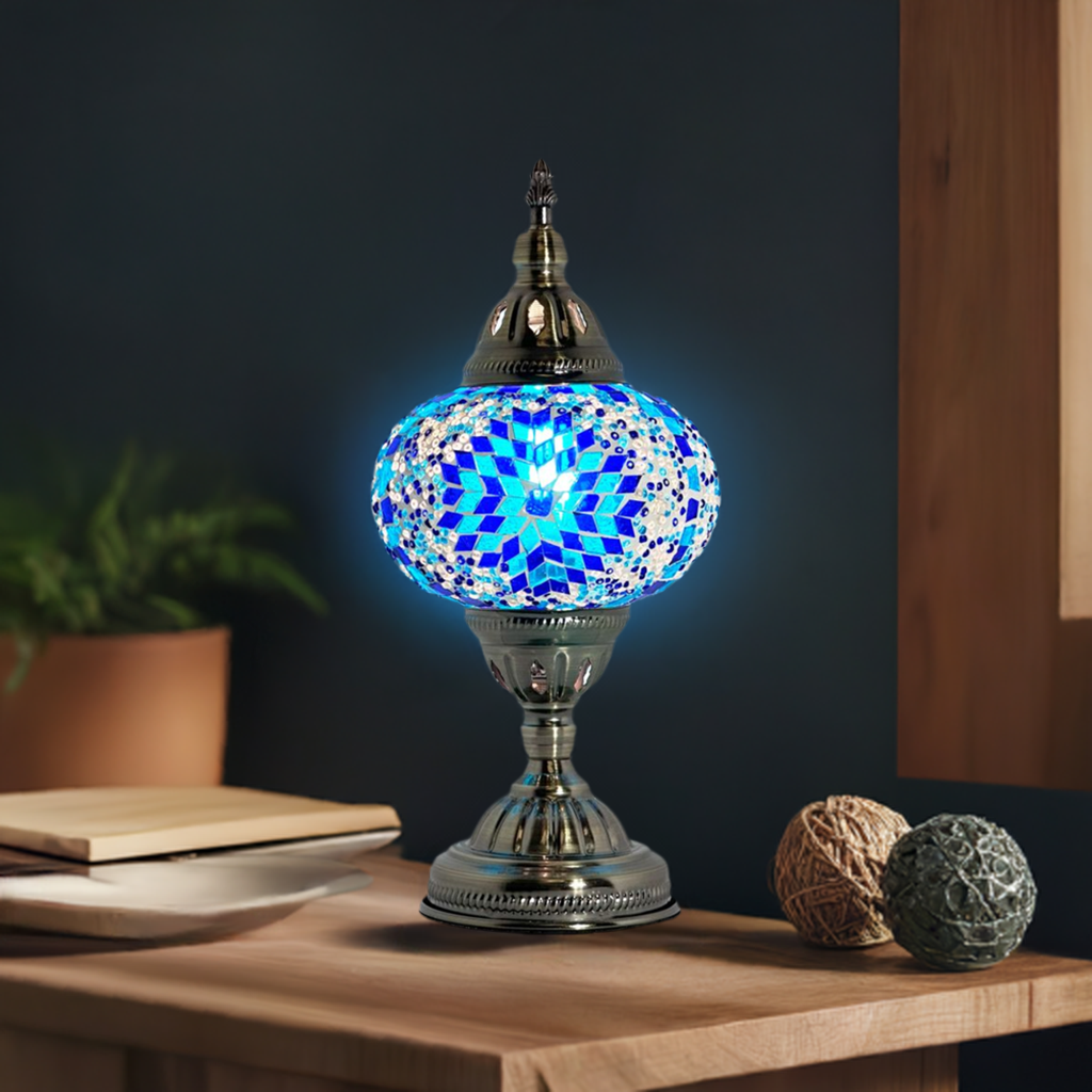 Mystic Midnight Blue Turkish Lamp with Mosaic Glass Art mosaic glass table lamp — glowing in a styled room
