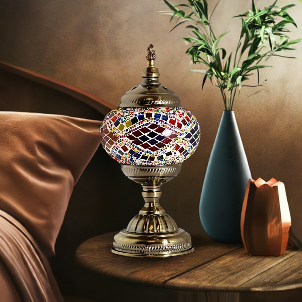 Rainbow Harmony mosaic glass table lamp — on a nightstand