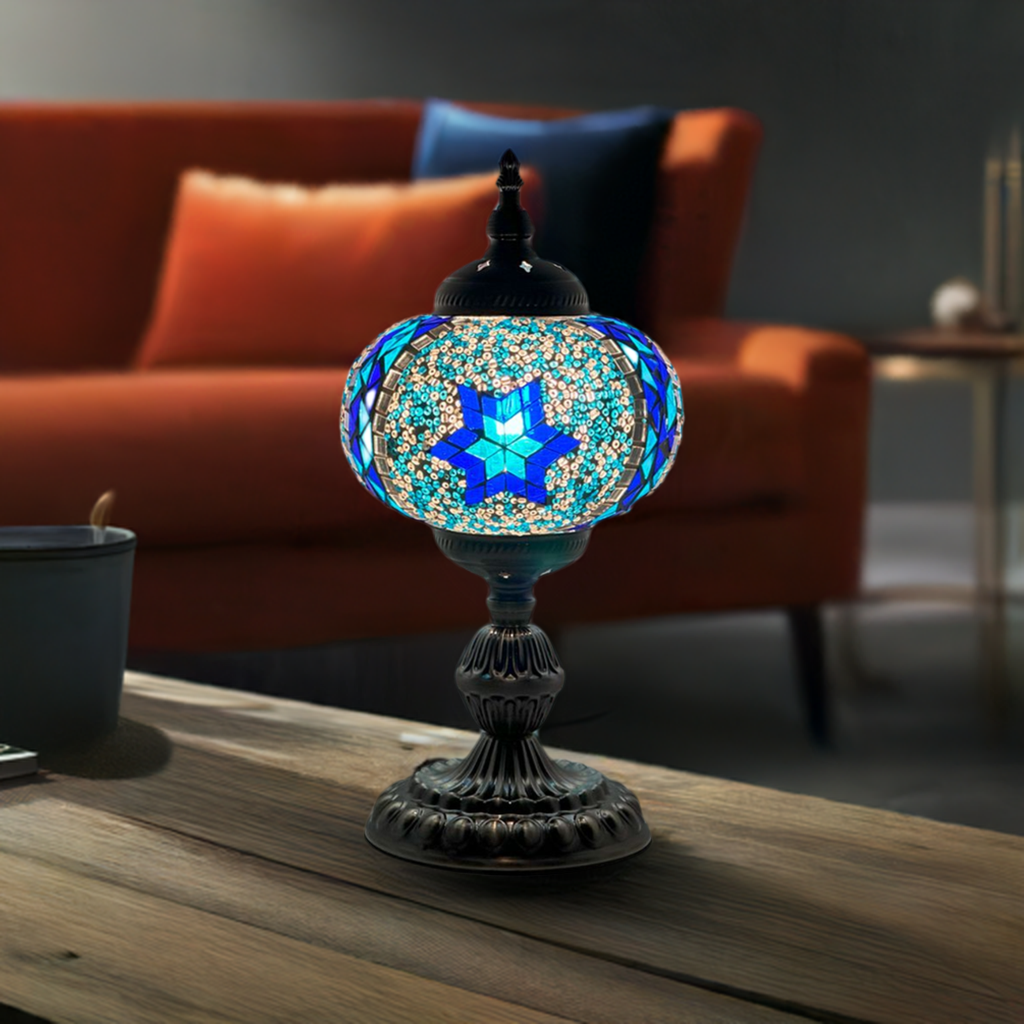 Traditional Blue Star Mosaic Turkish Table Lamp mosaic glass table lamp — handmade craftsmanship