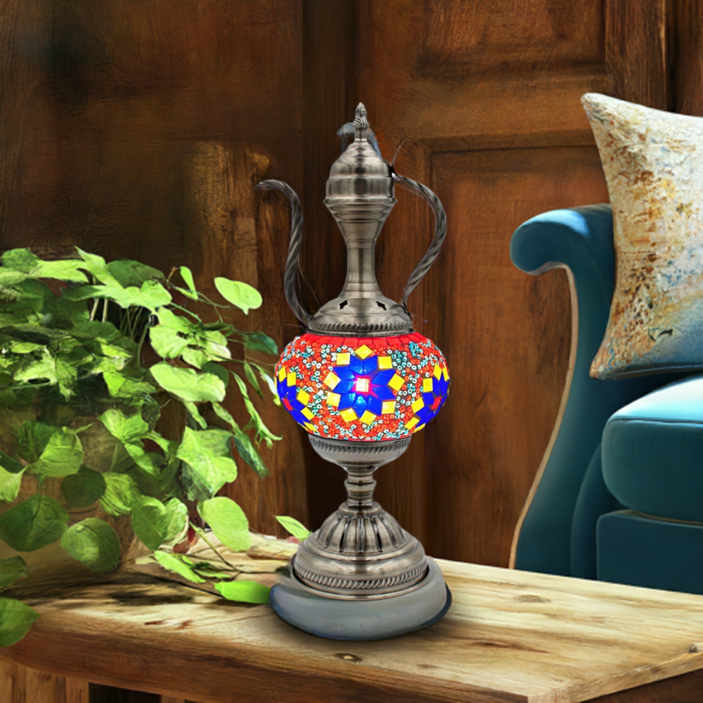 Vivid Red Turkish Lamp with Colorful Flowers and Teapot Motif mosaic glass table lamp — glowing in a styled room