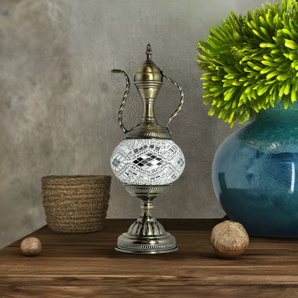 Silvery Serenity mosaic glass table lamp — on a nightstand