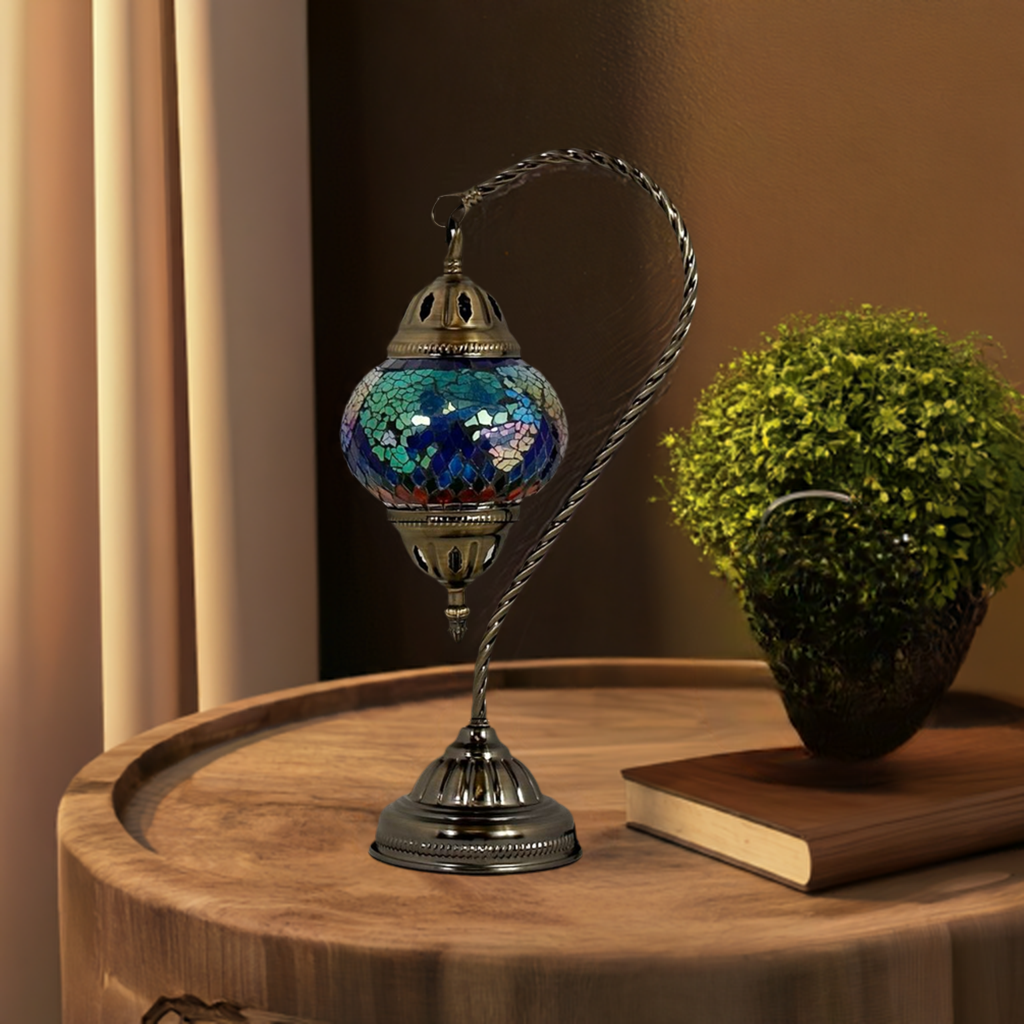 Turkish Atlantis Rainbow Lamp mosaic glass table lamp — on a nightstand