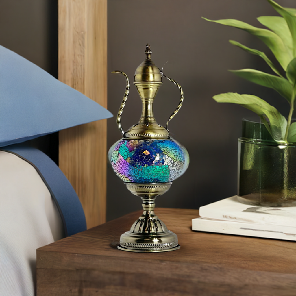 Unique Blue Turkish Mosaic Lamp with Pitcher Motif mosaic glass table lamp — on a nightstand