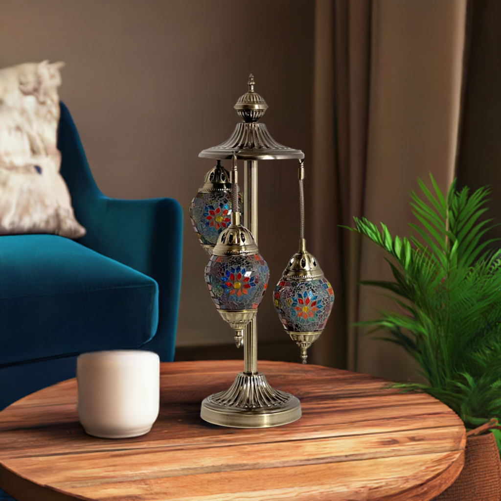Coral Reef Elegance mosaic glass table lamp — on a nightstand