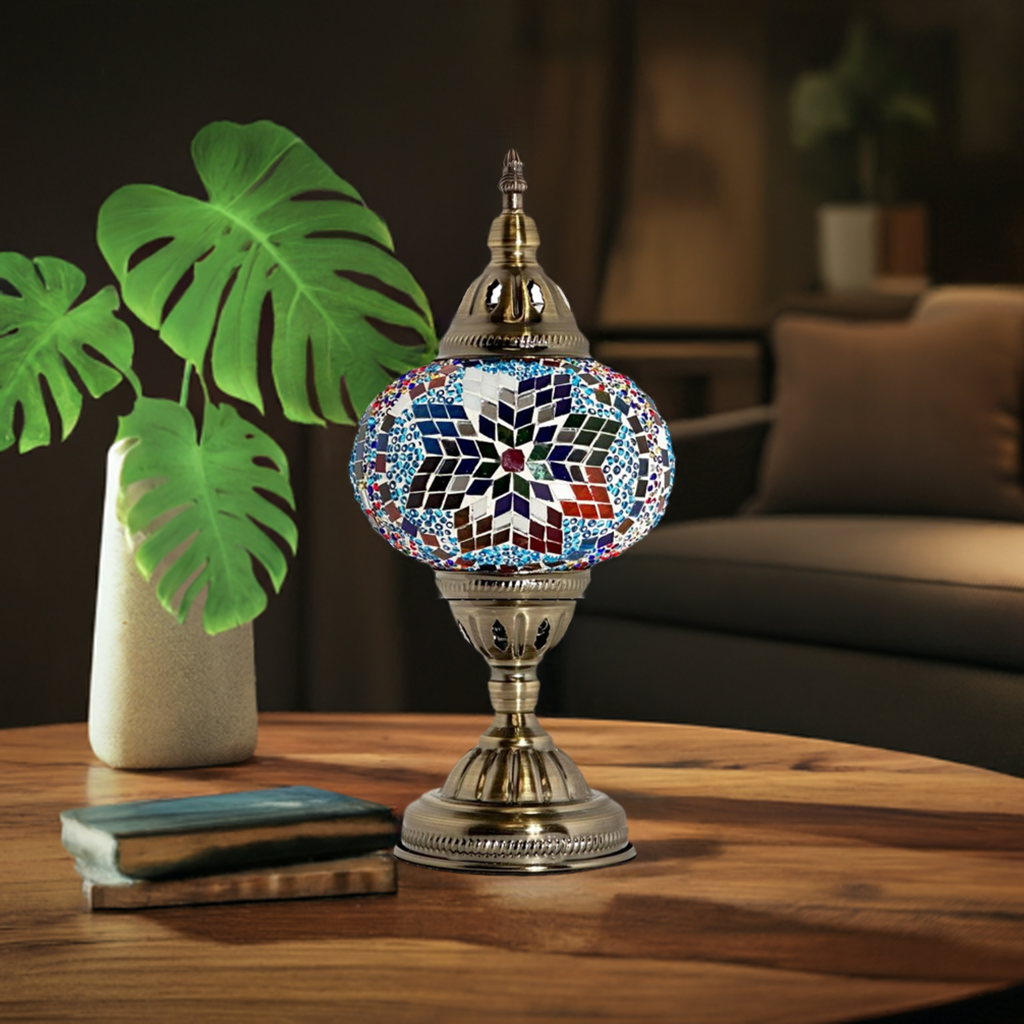Coral Reef Inspired Bedside Mosaic Lamp with Colorful Glasse mosaic glass table lamp — on a nightstand