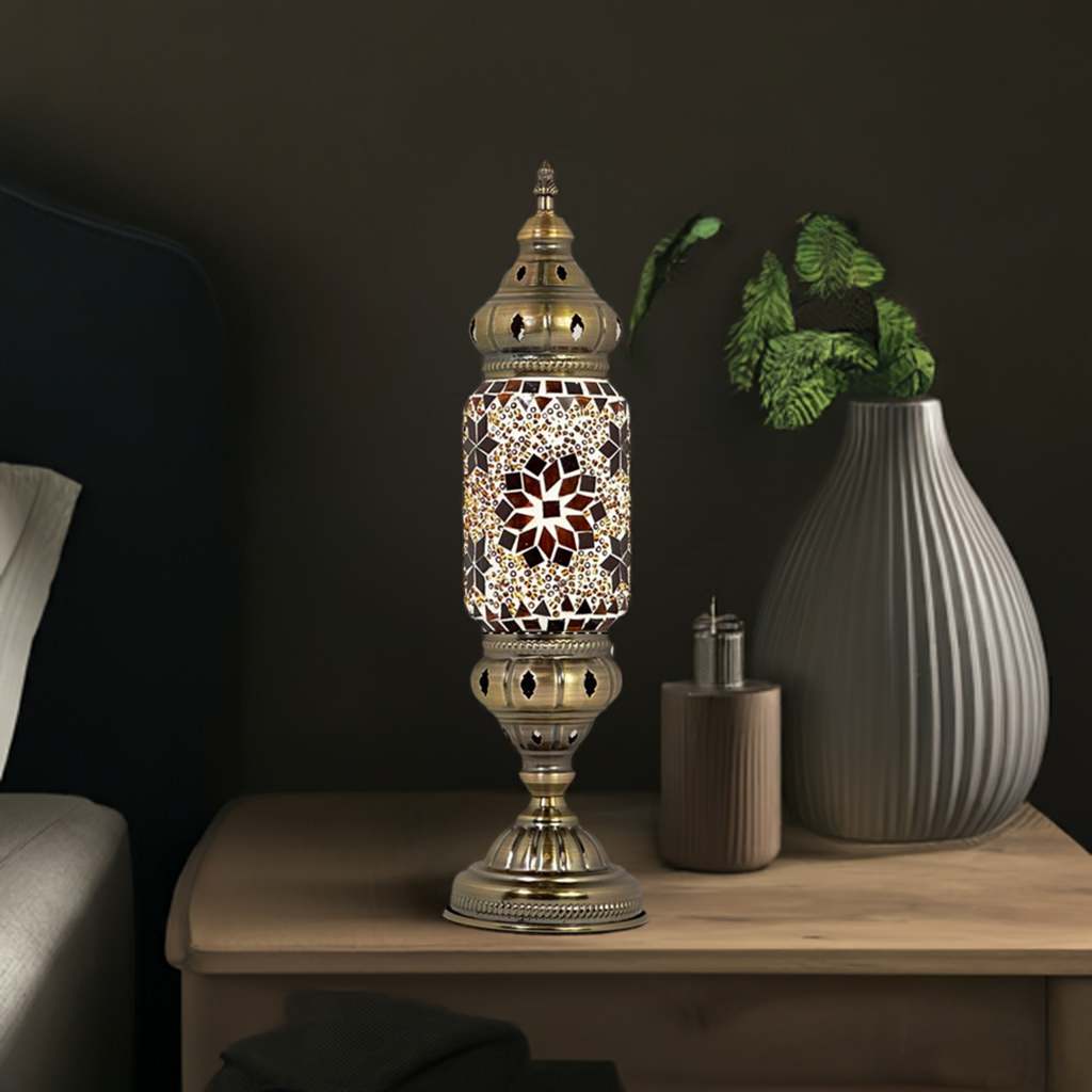 Mediterranean Allure mosaic glass table lamp — on a nightstand