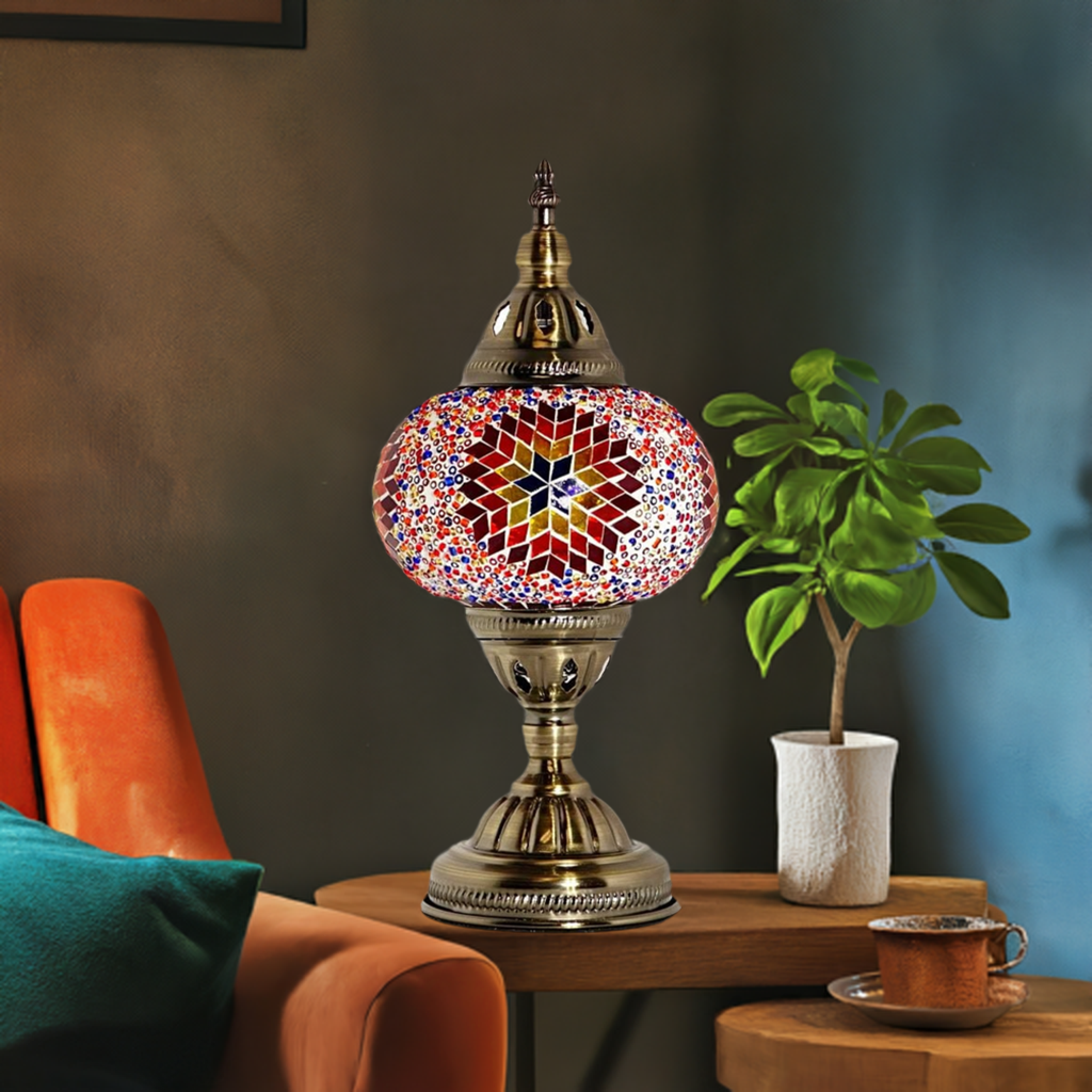 Desert Bloom Mosaic mosaic glass table lamp — on a nightstand