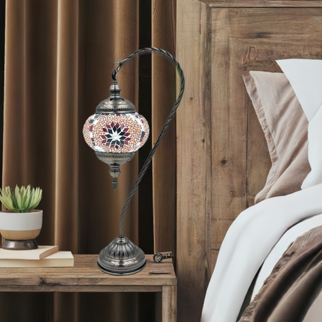 Vivid Red Floral Swan Neck Handcrafted Turkish Mosaic Lamp mosaic glass table lamp — setup guide