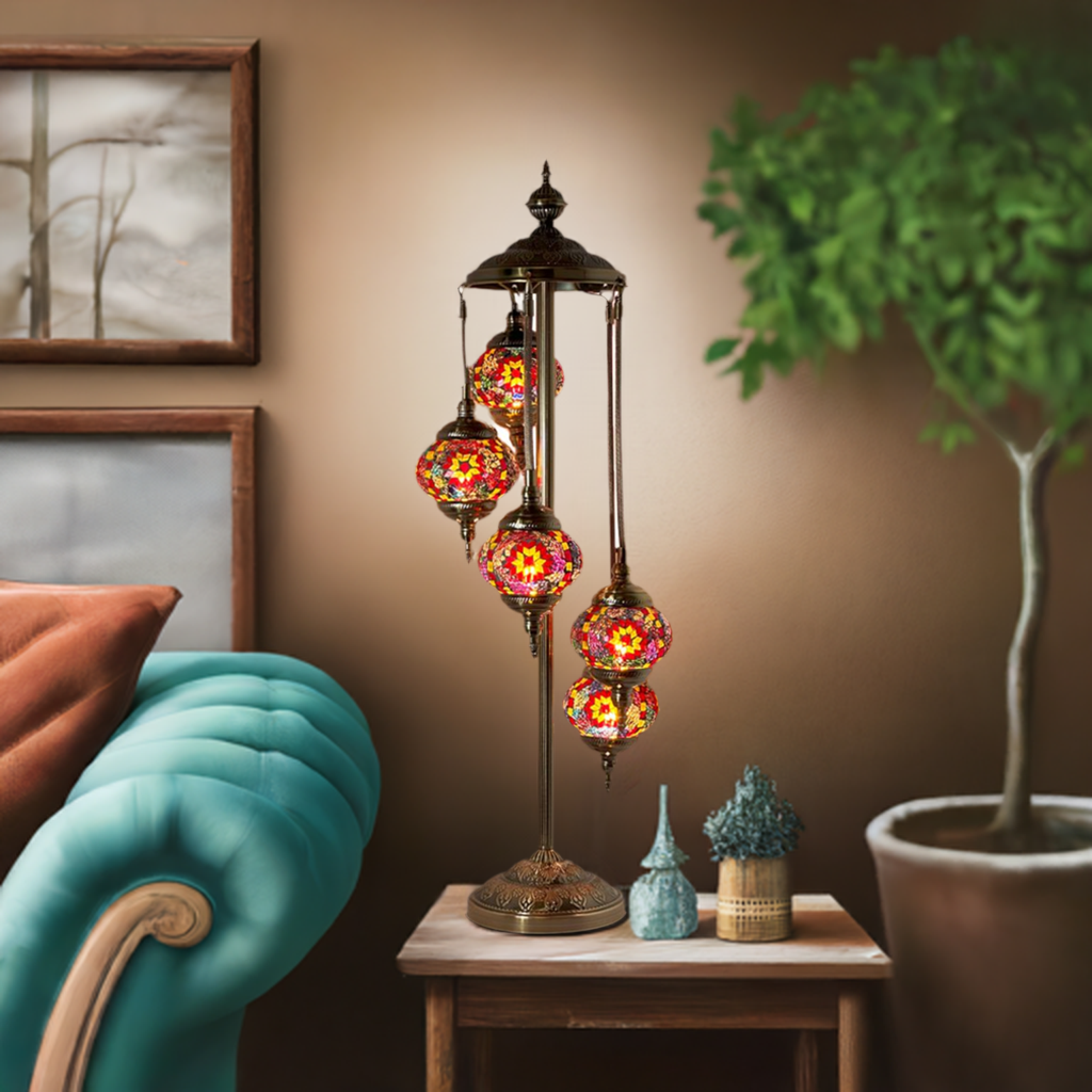 Ruby Majesty mosaic glass table lamp — glowing in a styled room