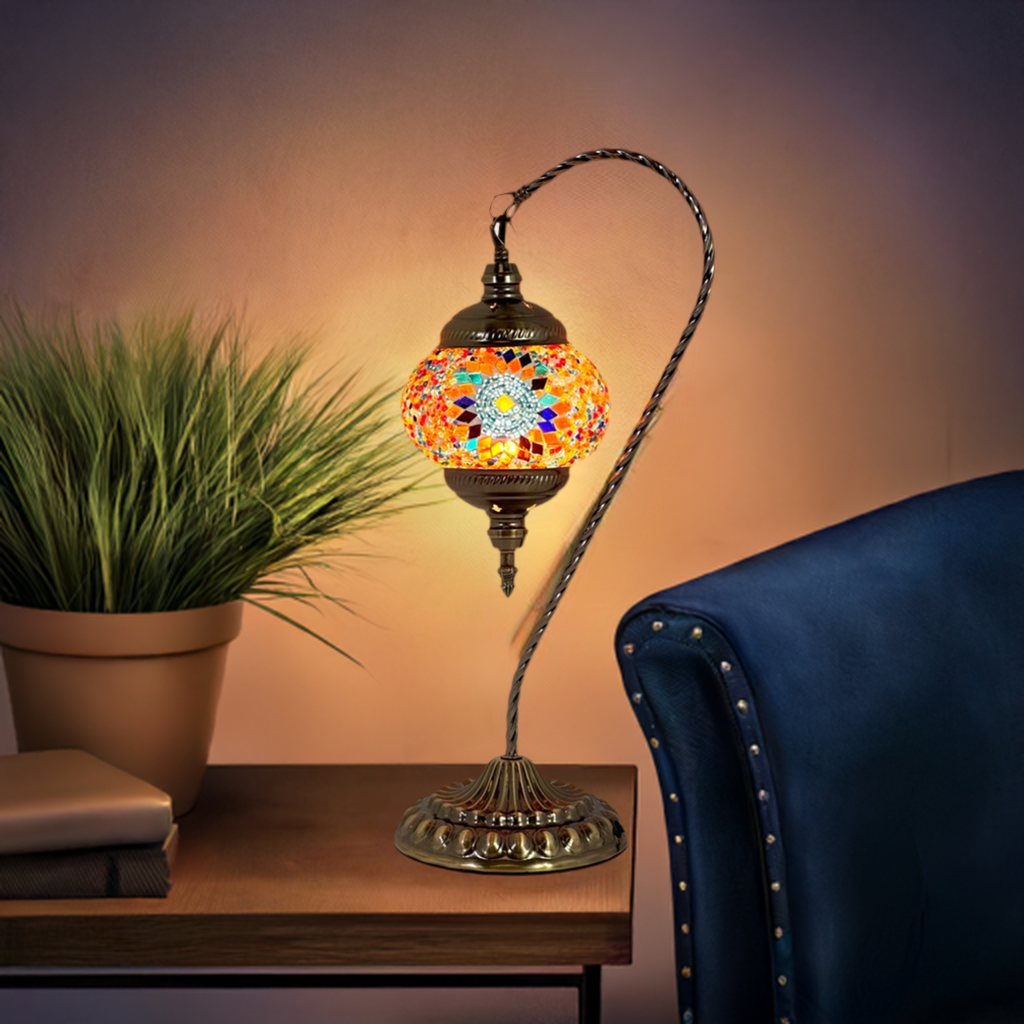 Scarlet Sunflower mosaic glass table lamp — glowing in a styled room