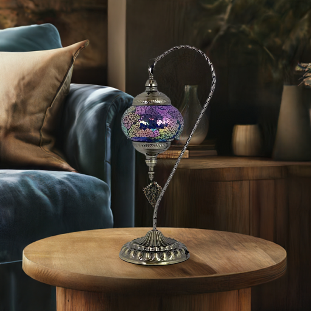 Azure Serenity mosaic glass table lamp — on a nightstand