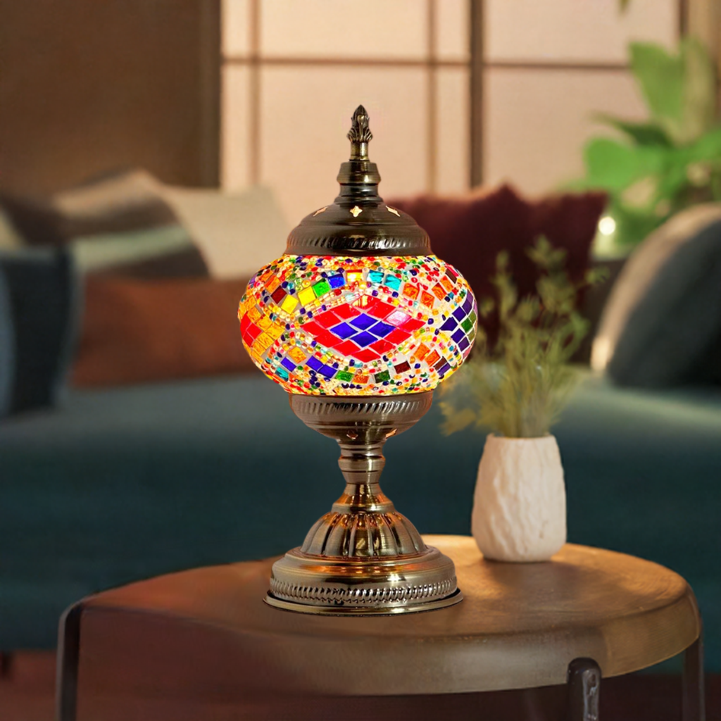 Rainbow Harmony mosaic glass table lamp — glowing in a styled room