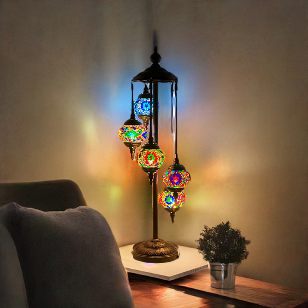 Enchanted Mystic Garden mosaic glass table lamp — glowing in a styled room
