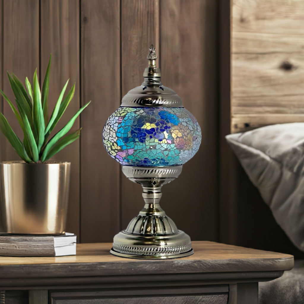 Round Mosaic Lamp with Blue Lavender Motif mosaic glass table lamp — on a nightstand