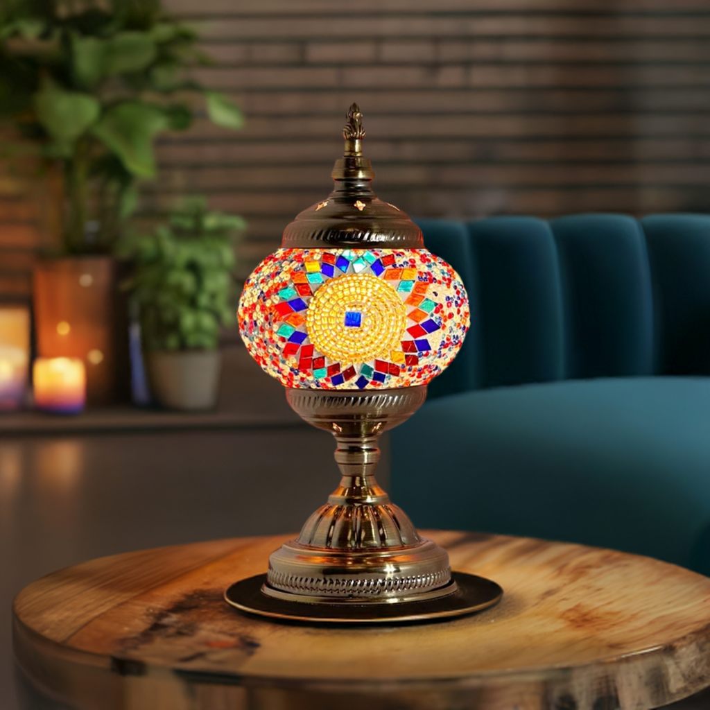 Prismatic Fantasy mosaic glass table lamp — glowing in a styled room