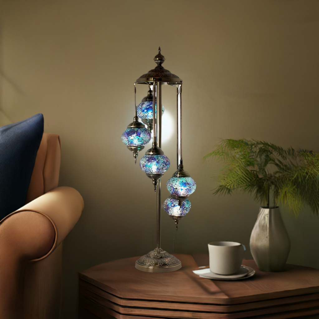 Deep Sea Blue Turkish Lamp with Quintuple Mosaic Globes mosaic glass table lamp — glowing in a styled room