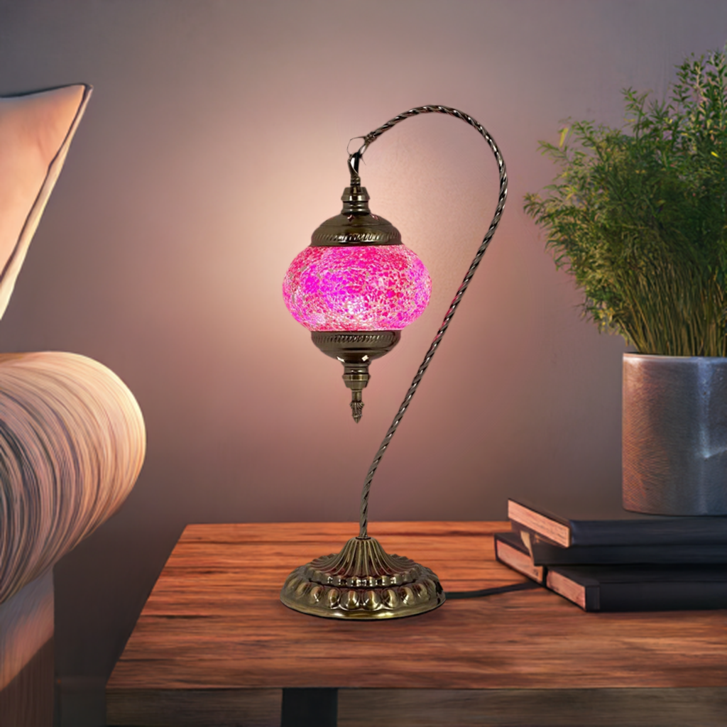 Elegant Lavender mosaic glass table lamp — glowing in a styled room