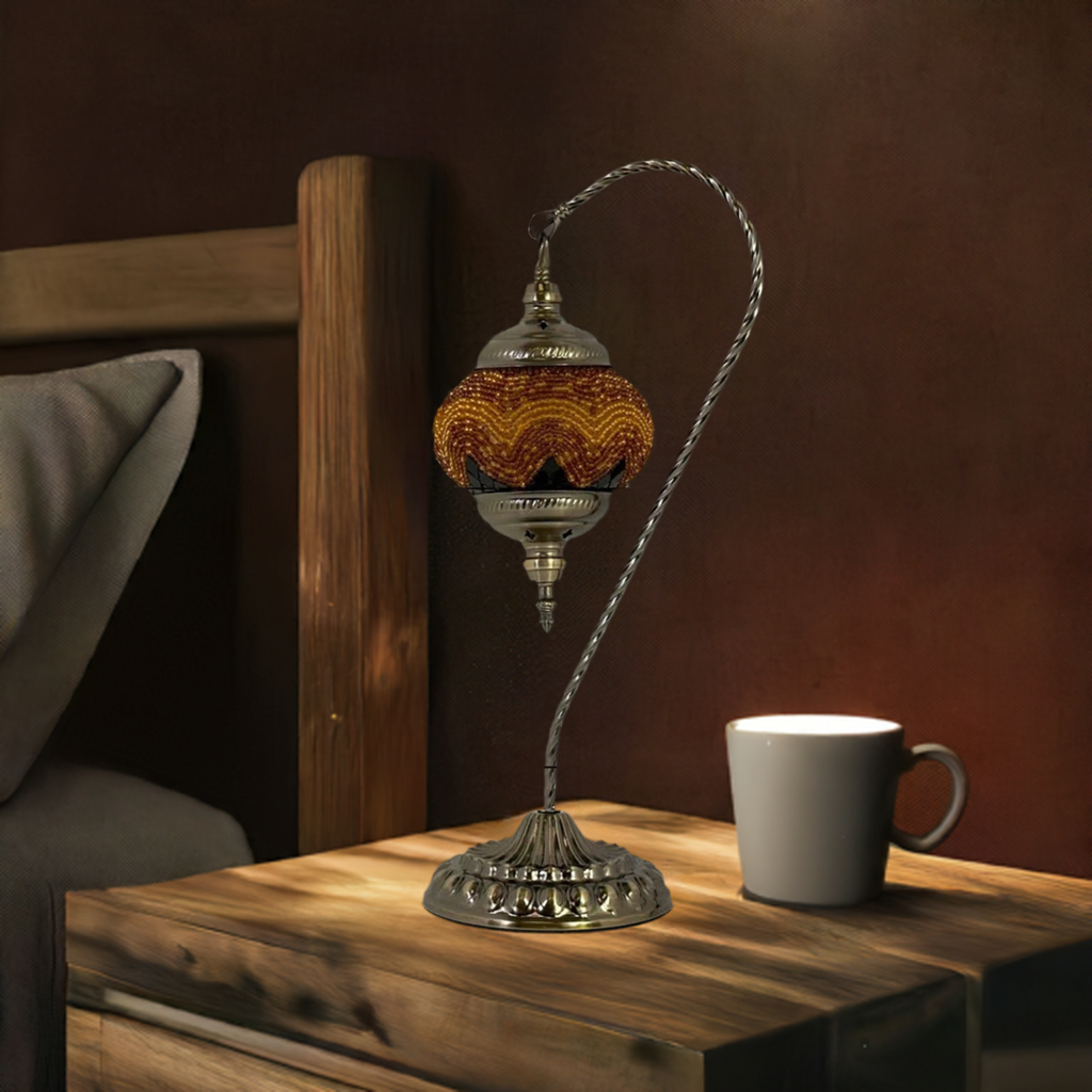 Warm Light Orange Swan Neck Handcrafted Turkish Mosaic Lamp mosaic glass table lamp — on a nightstand