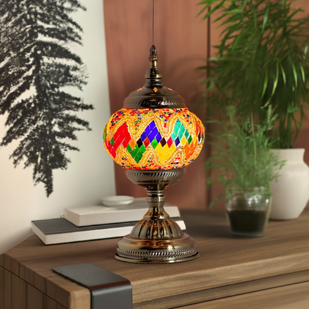 Golden Twilight: Vintage Mosaic Night Lamp with Rainbow Colors