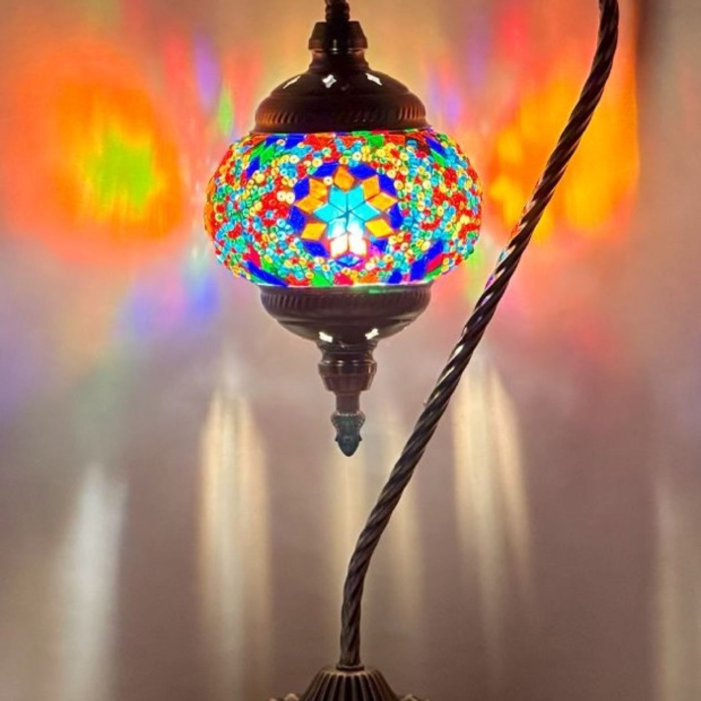 Handcrafted Colorful Swan Neck Mosaic Night Lamp mosaic glass table lamp — close-up of the hand-cut mosaic glass