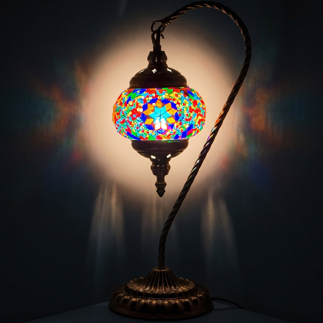 Handcrafted Colorful Swan Neck Mosaic Night Lamp mosaic glass table lamp — glowing against a deep charcoal background