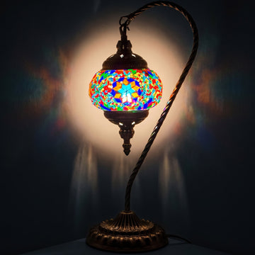 Handcrafted Colorful Swan Neck Mosaic Night Lamp mosaic glass table lamp — glowing against a deep charcoal background